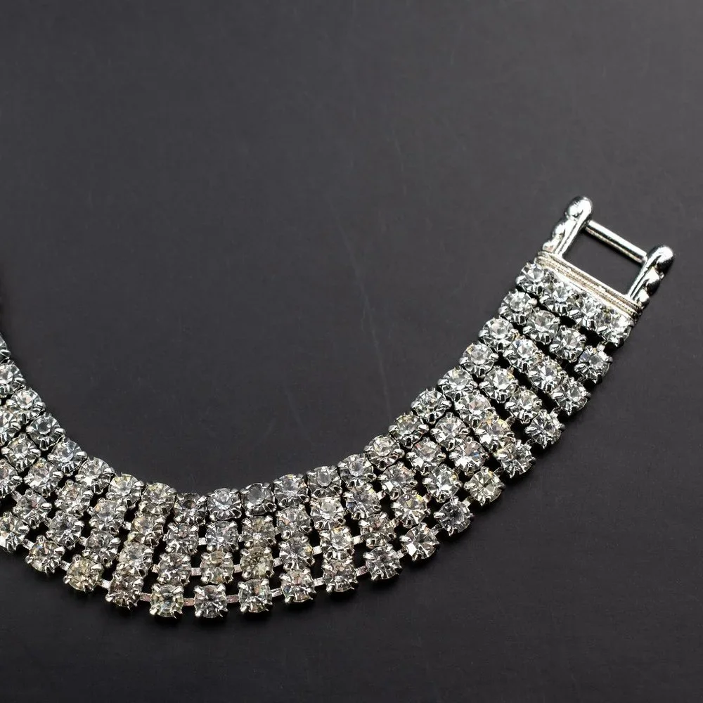 Wide rhinestone tennis bracelet, statement clear crystal bracelet 60s vintage